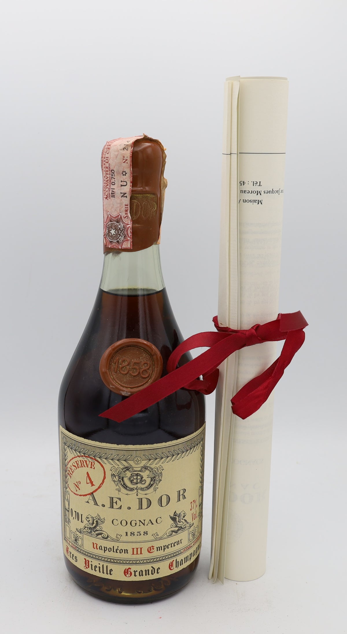 A.E. Dor 1858 Napoleon Empereur III Très Vieille Grande Champagne – rare vintage French cognac with certificate, collectible bottle for connoisseurs