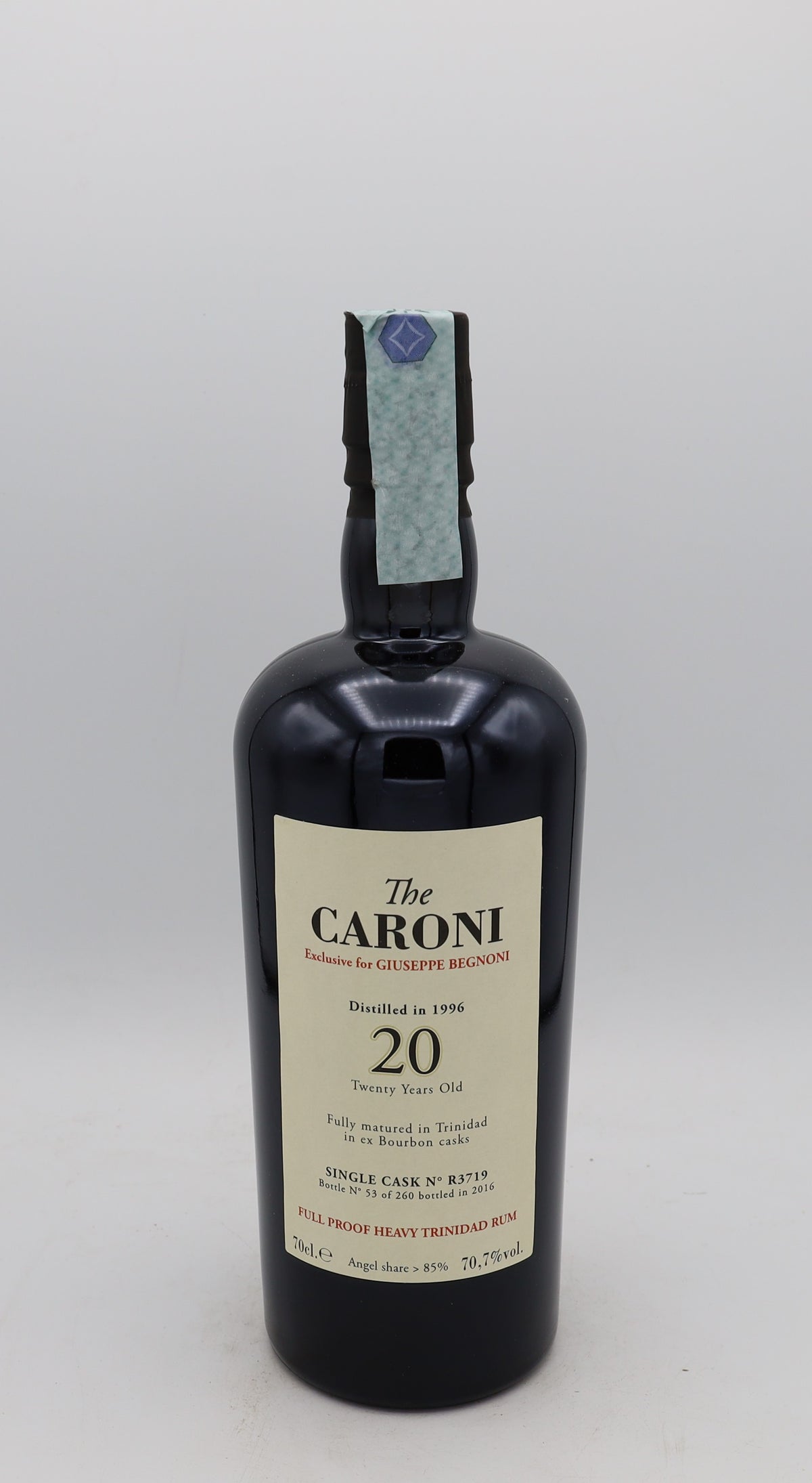A Caroni 1996 Giuseppe Begnoni, 20 years old, limited edition from the Reserved Treasures Club, presented in a collector’s box – rare aged Caribbean rum with rich, complex flavors.