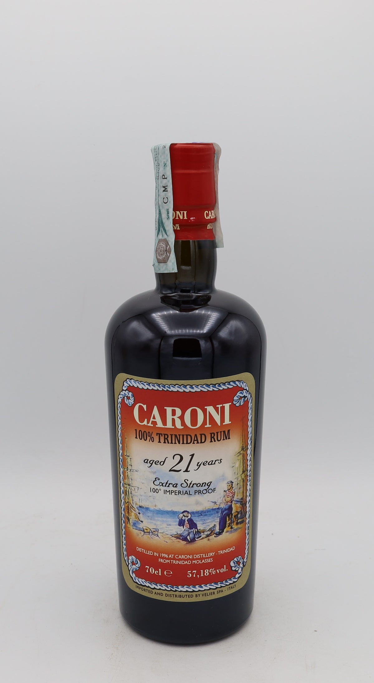 A Caroni Rum 1996 Extra Strong 100 Proof, 21 years old, Vélier edition, presented in a collector’s box – rare aged Caribbean rum with bold, complex flavors.