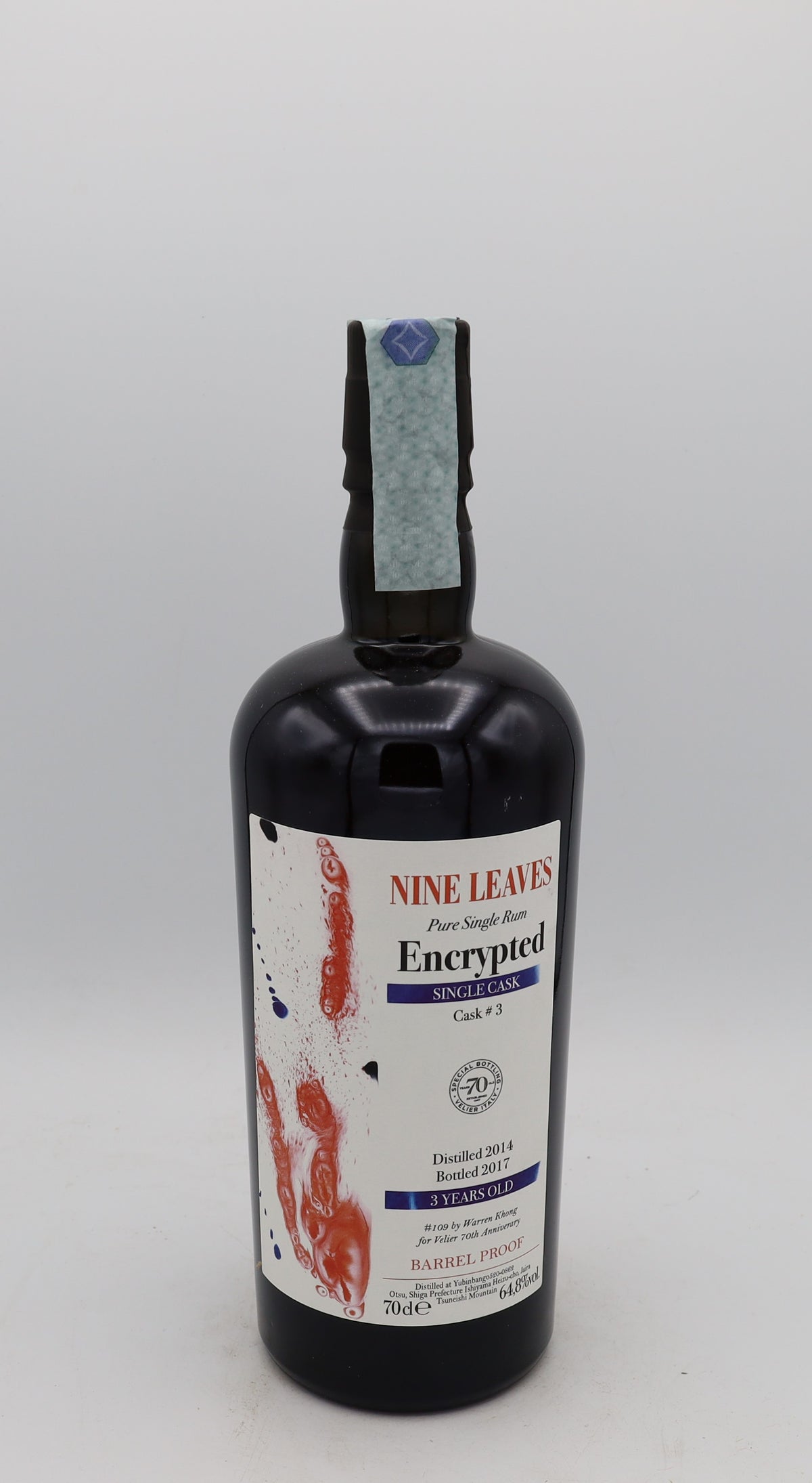 A Nine Leaves 2014 Pure Single Rum, 3 years old, Vélier edition, presented in a collector’s box – rare aged rum with delicate, complex flavors.