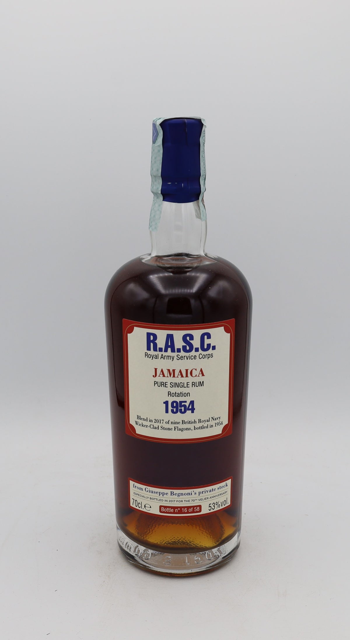 R.A.S.C. 1954 Jamaica Pure Single Rum Giuseppe Begnoni, Reserved Treasures Club edition – exceptionally rare vintage rum with rich, complex flavors, presented for collectors