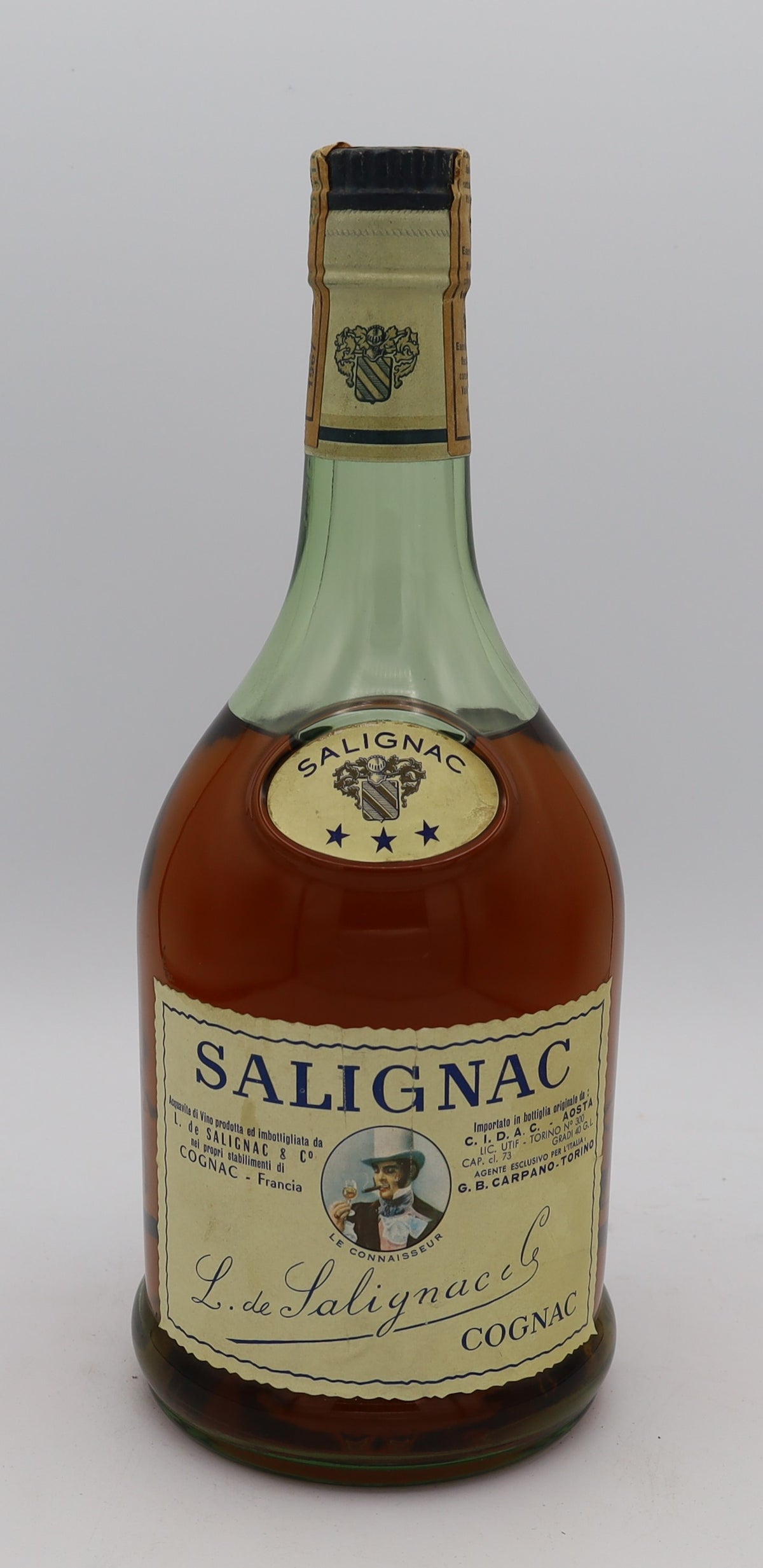 Salignac 3 Star Cognac – vintage French cognac bottle with a cream-colored label and traditional design, representing the classic three-star quality grade.