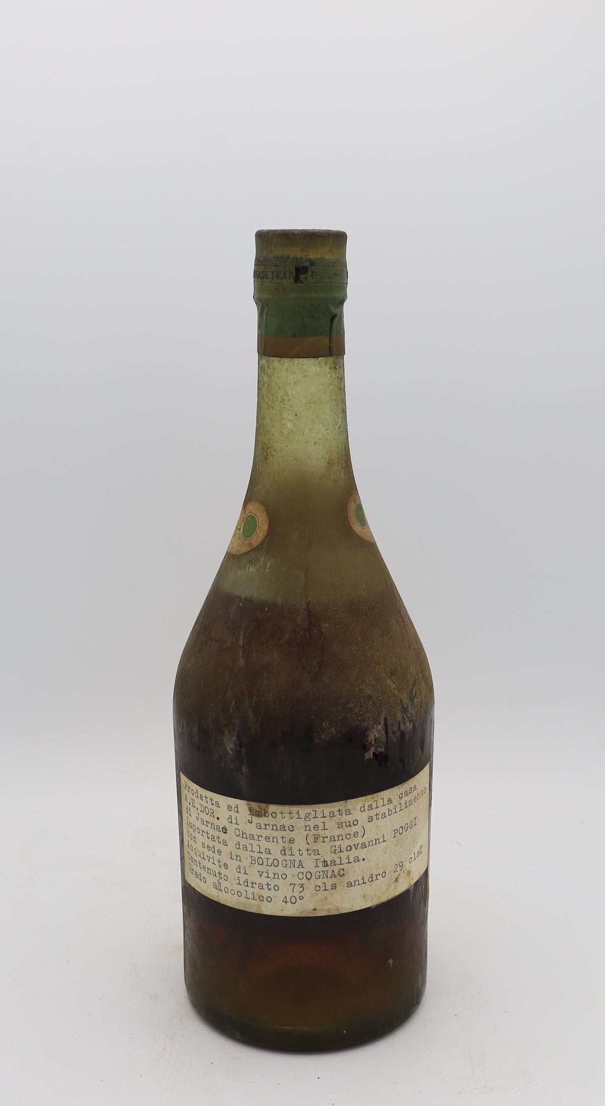 A.E. Dor Vieux Cognac Napoleon 1960s – rear view of rare vintage French cognac bottle, collectible edition for connoisseurs