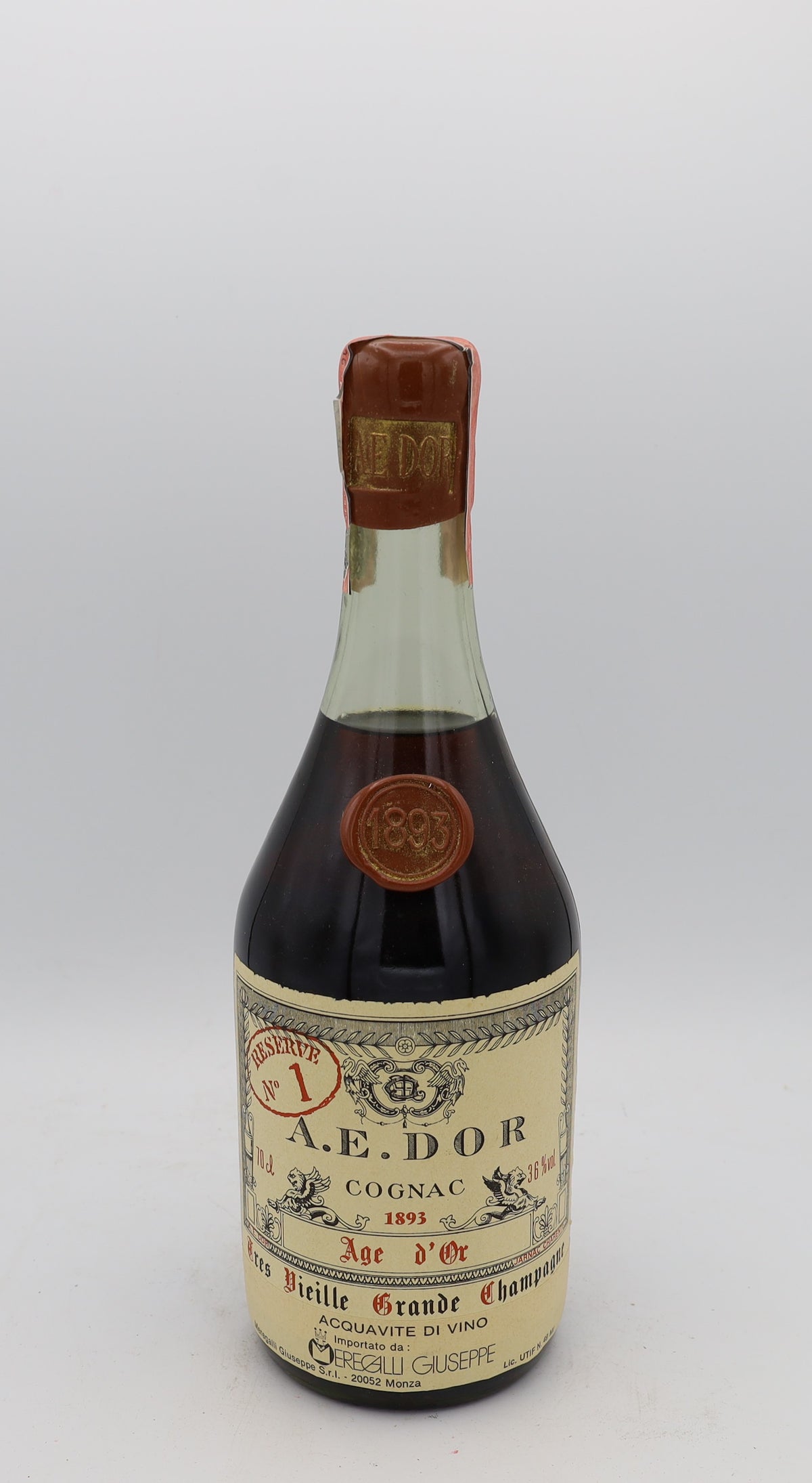 A.E. Dor 1893 No.1 Âge d’Or Cognac Très Vieille Grande Champagne – rear view of rare premium French cognac bottle, collectible edition