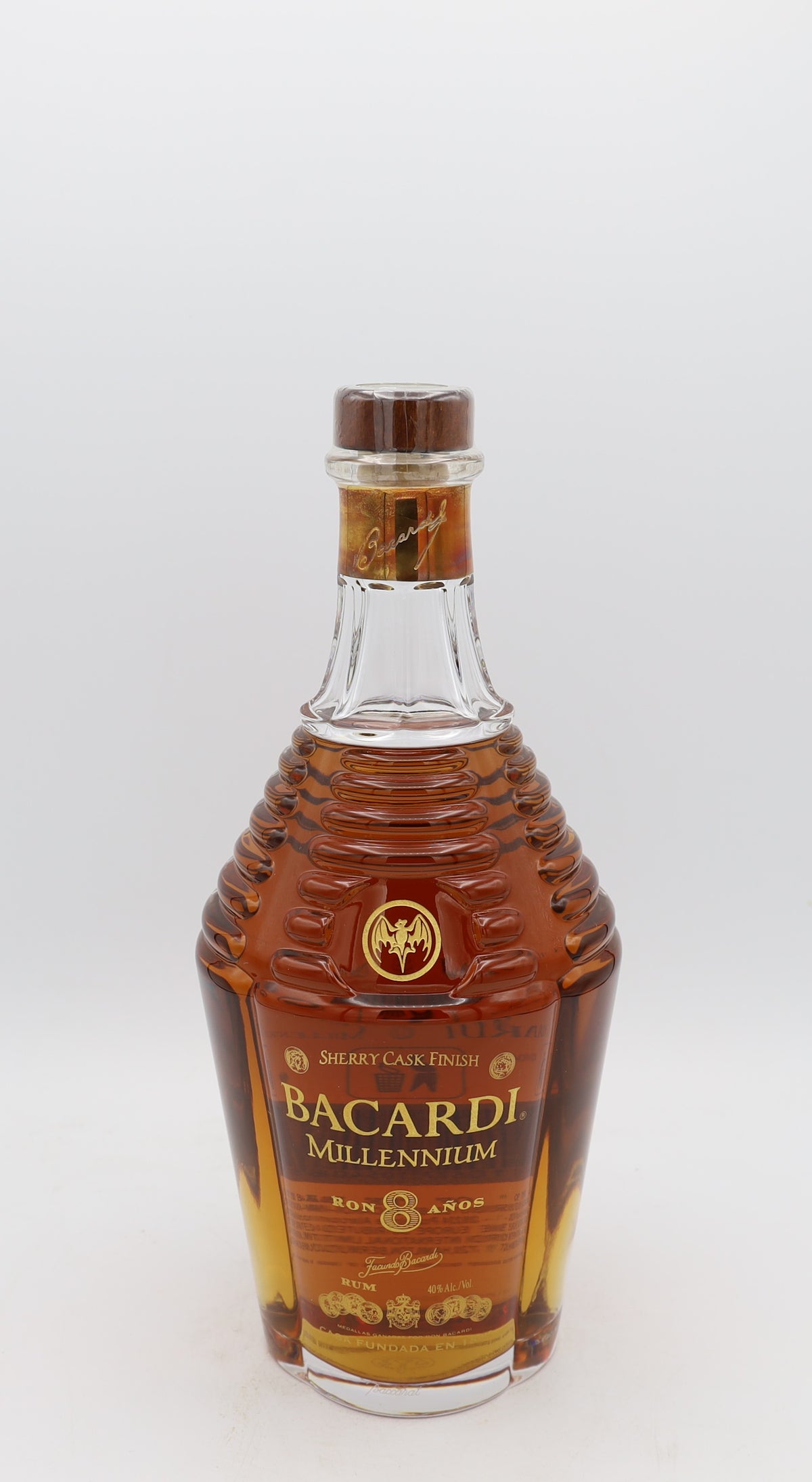 A Bacardi Millennium 8-Year-Old, presented in a Baccarat decanter – rare aged Caribbean rum with smooth, refined flavors.