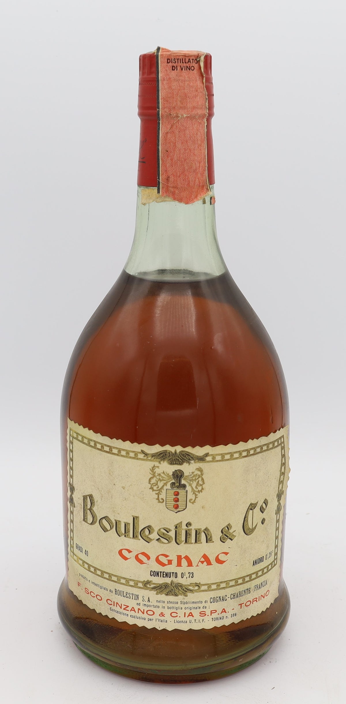 Boulestin Cognac, age unknown, with red cap – premium aged brandy with rich, smooth flavors, ideal for collectors and connoisseurs.