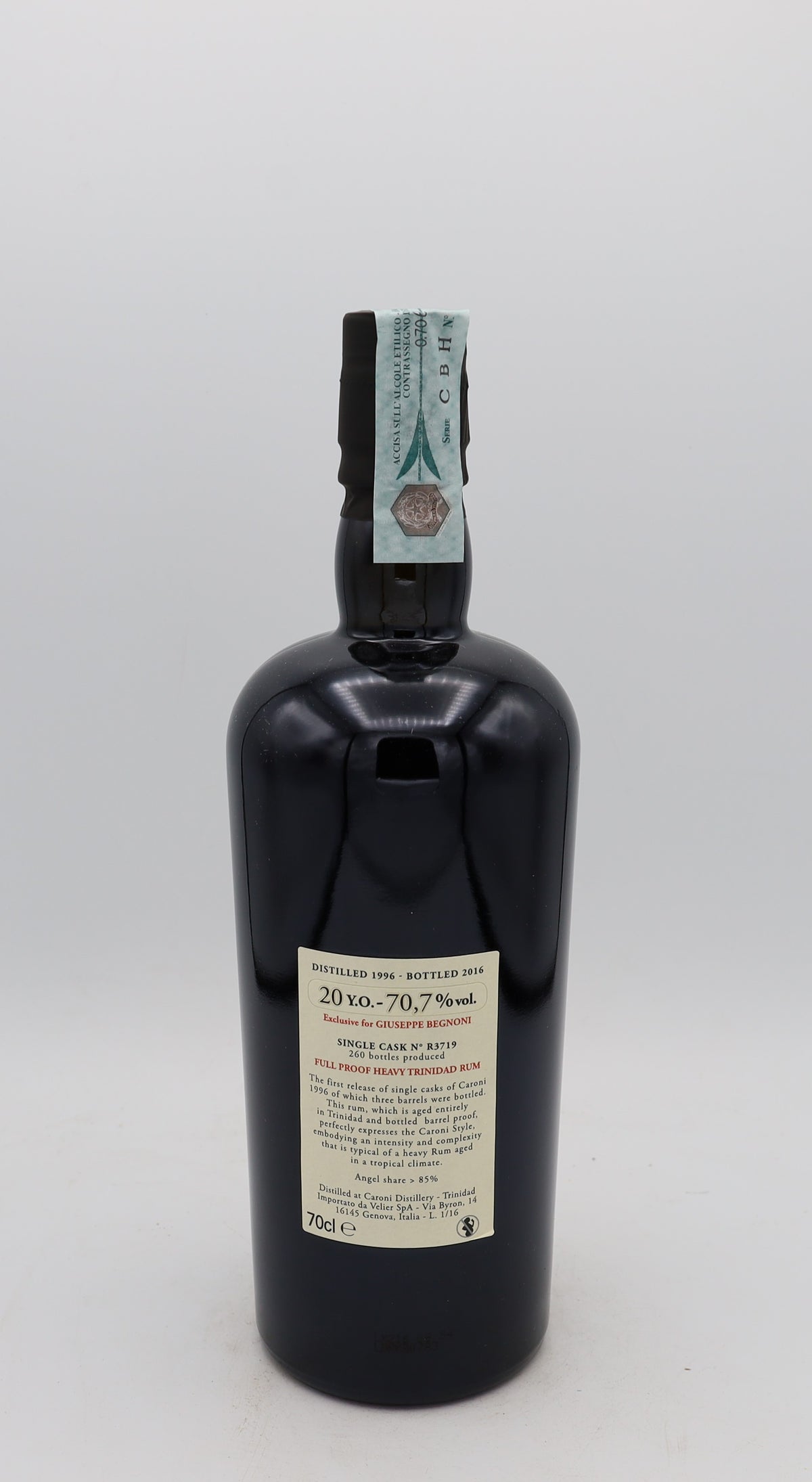 A Caroni 1996 Giuseppe Begnoni, 20 years old, limited edition from the Reserved Treasures Club, presented in a collector’s box – rare aged Caribbean rum with rich, complex flavors.