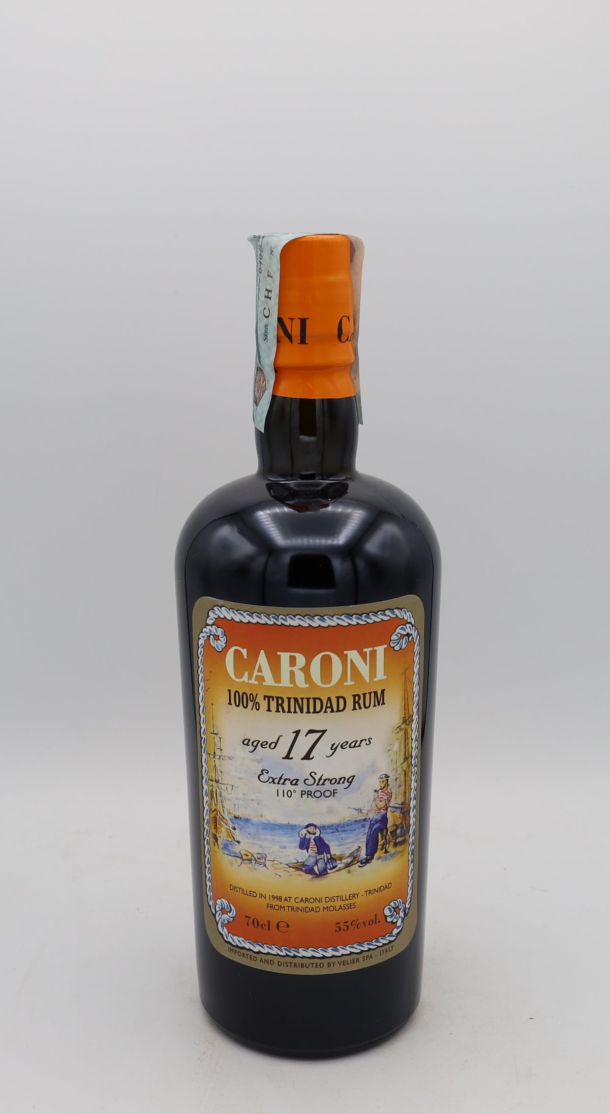 A Caroni Rum Extra Strong 110 Proof, 1998, 17 years old, Vélier edition, presented in a collector’s box – rare aged Caribbean rum with bold, complex flavors.