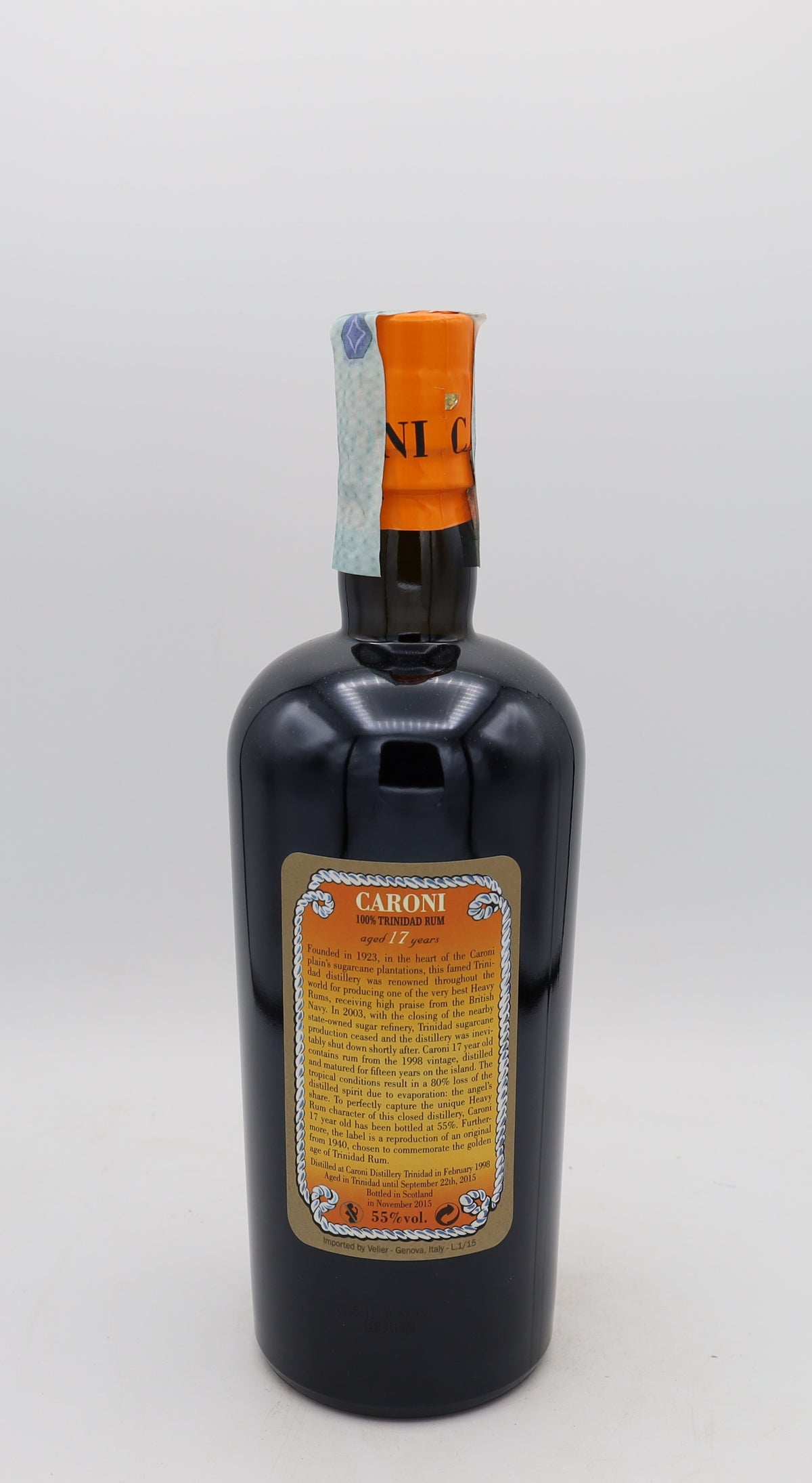 A Caroni Rum Extra Strong 110 Proof, 1998, 17 years old, Vélier edition, presented in a collector’s box – rare aged Caribbean rum with bold, complex flavors.