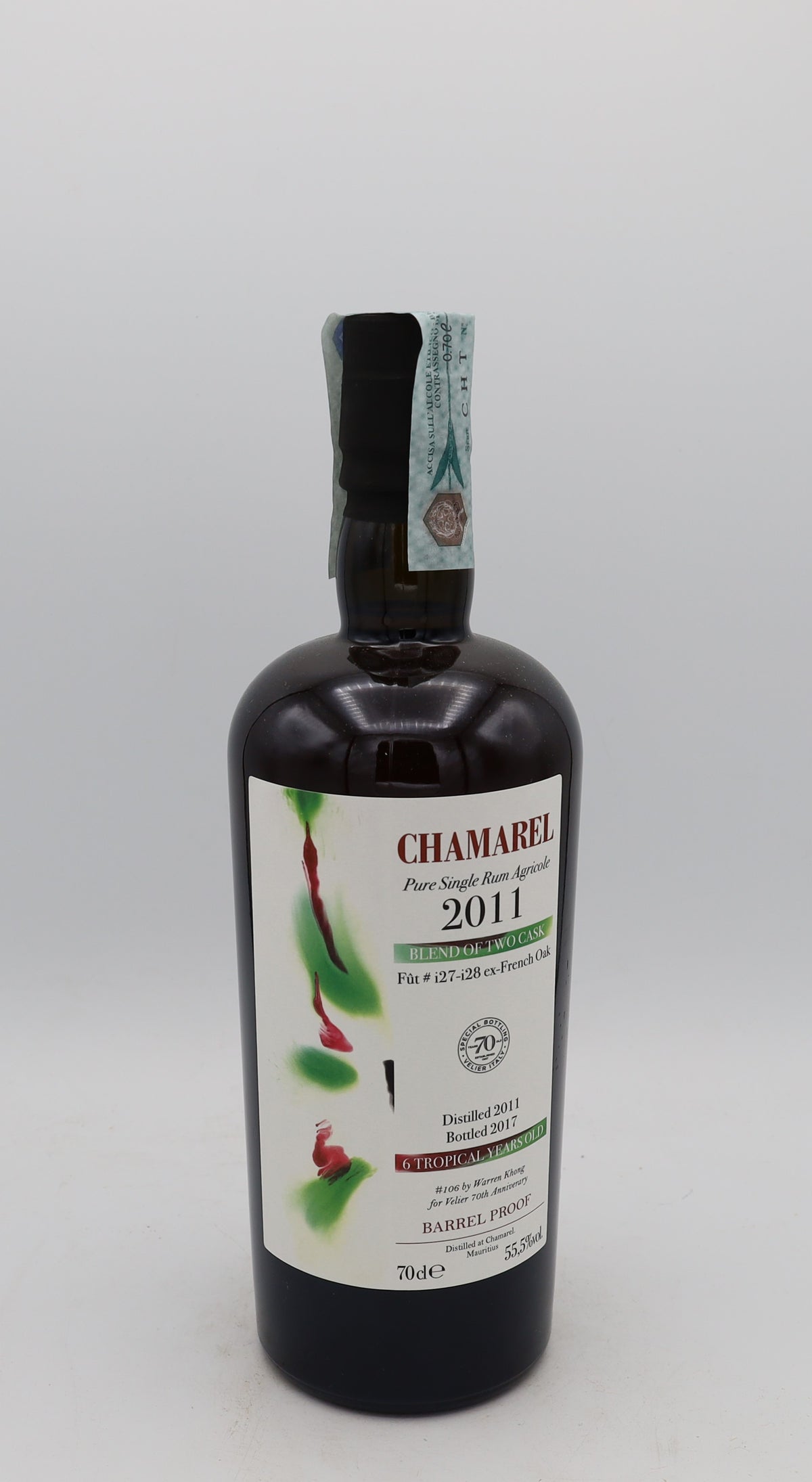 A Chamarel 2011 Pure Single Rum Agricole, 6 years old, Vélier and Reserved Treasures Club edition, presented in a collector’s box – rare aged rum with rich, complex flavors.
