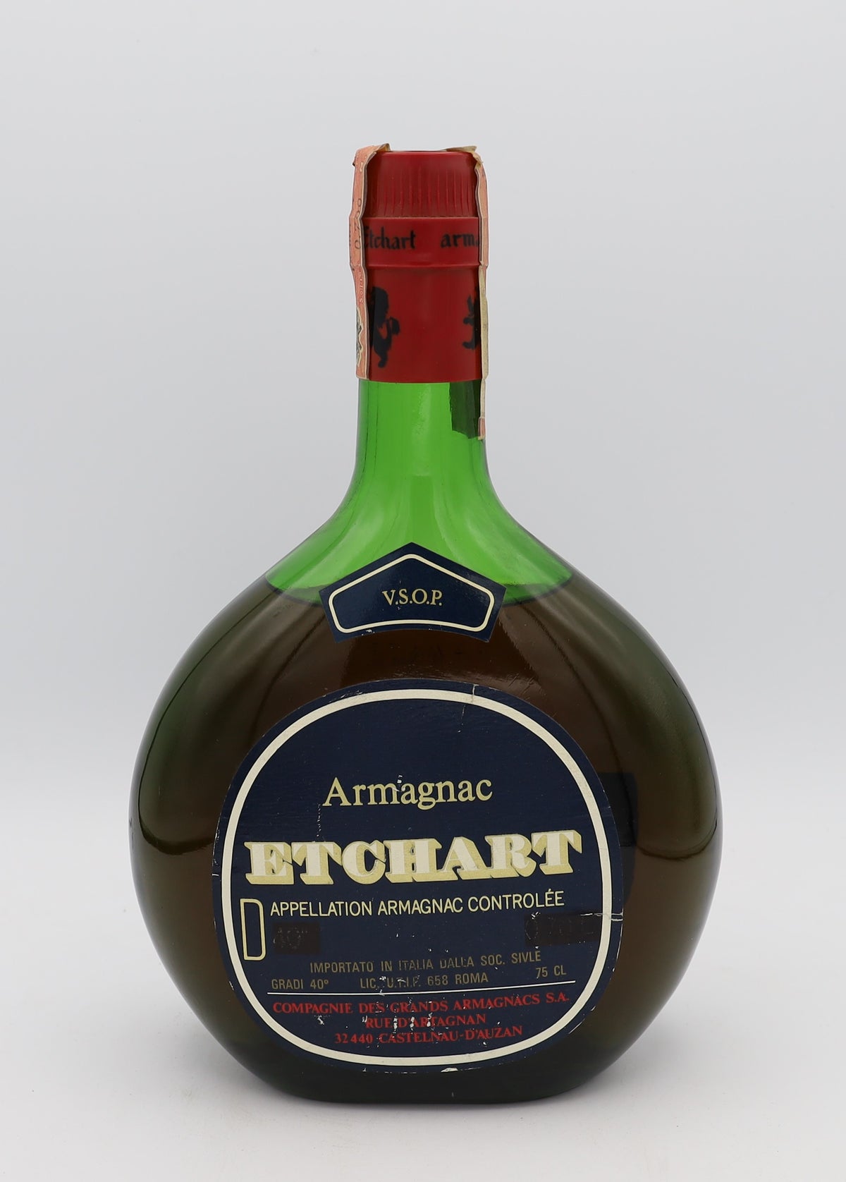 Etchart Armagnac VSOP in green bottle with red cap – premium aged brandy with rich, smooth flavors, crafted for collectors and connoisseurs.