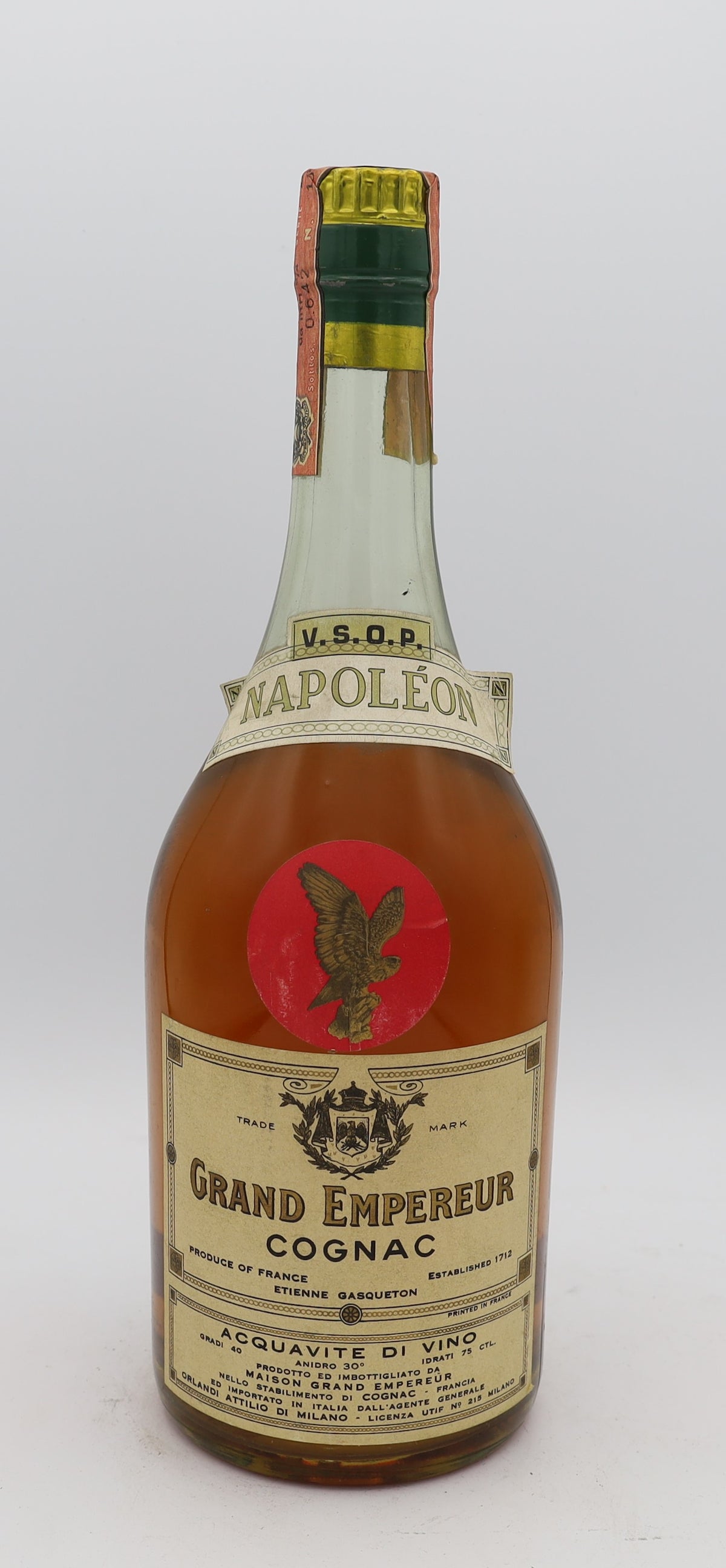Grand Empereur VSOP Cognac Napoleon with red neck label – premium aged brandy with rich, smooth flavors, ideal for collectors and connoisseurs.