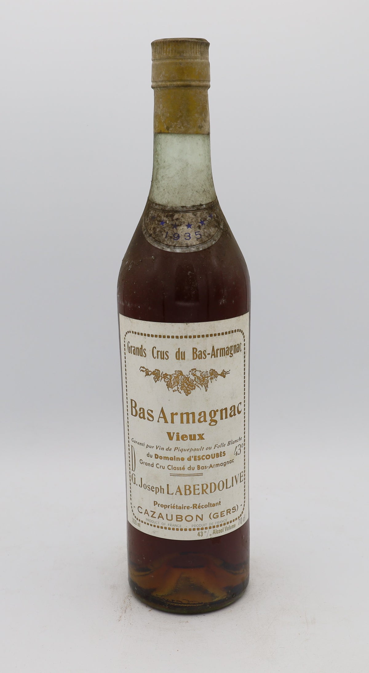 Laberdolive Bas-Armagnac 1935 Vintage – exceptionally rare vintage brandy with rich, complex flavors, perfect for collectors.