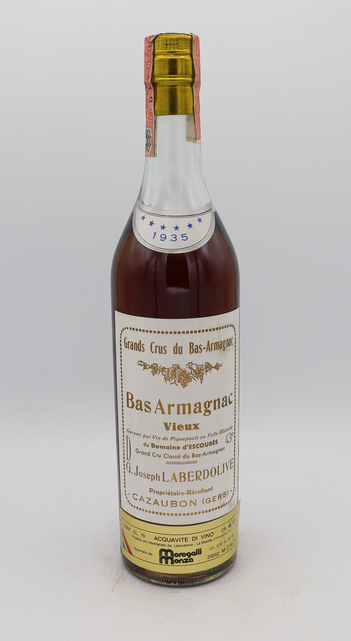 Laberdolive Bas-Armagnac 1935 Vintage – exceptionally rare vintage brandy with rich, complex flavors, perfect for collectors.