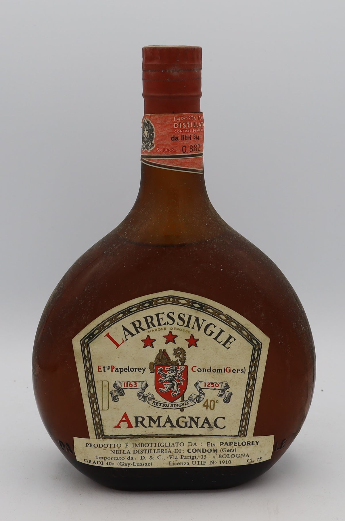 Larressingle 3 Star Armagnac Et Papelorey with red cap and no neck label – premium aged brandy with smooth, rich flavors, ideal for collectors.