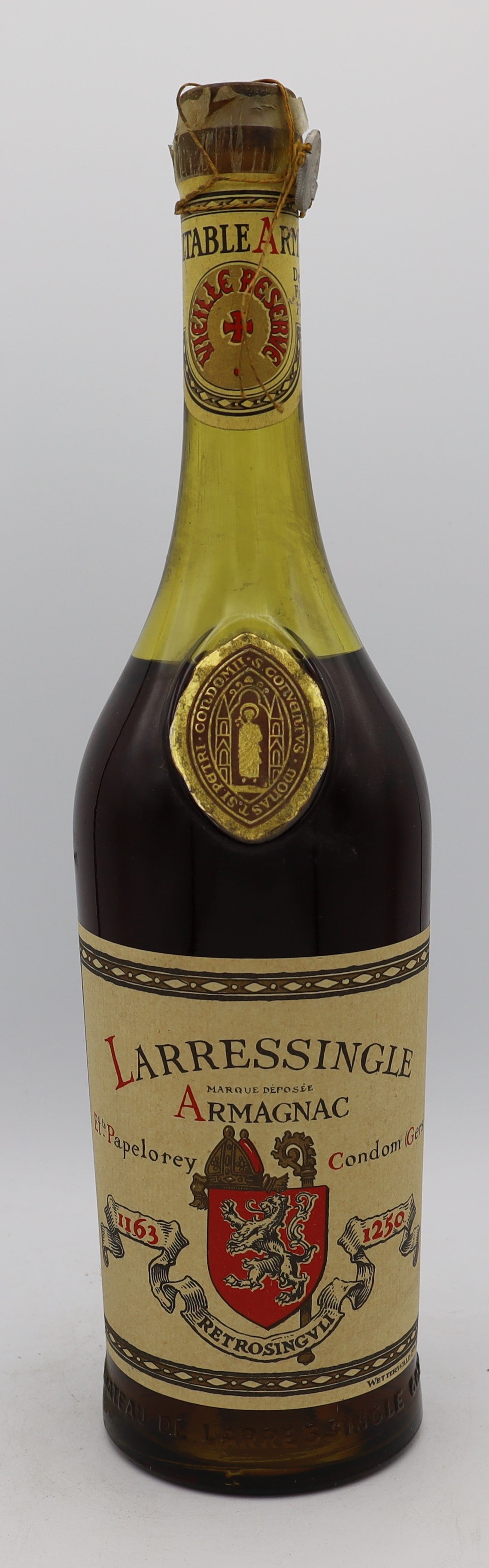 Larressingle Armagnac Et Papelorey in tall bottle – premium aged brandy with rich, complex flavors, presented in a distinctive collector’s bottle.