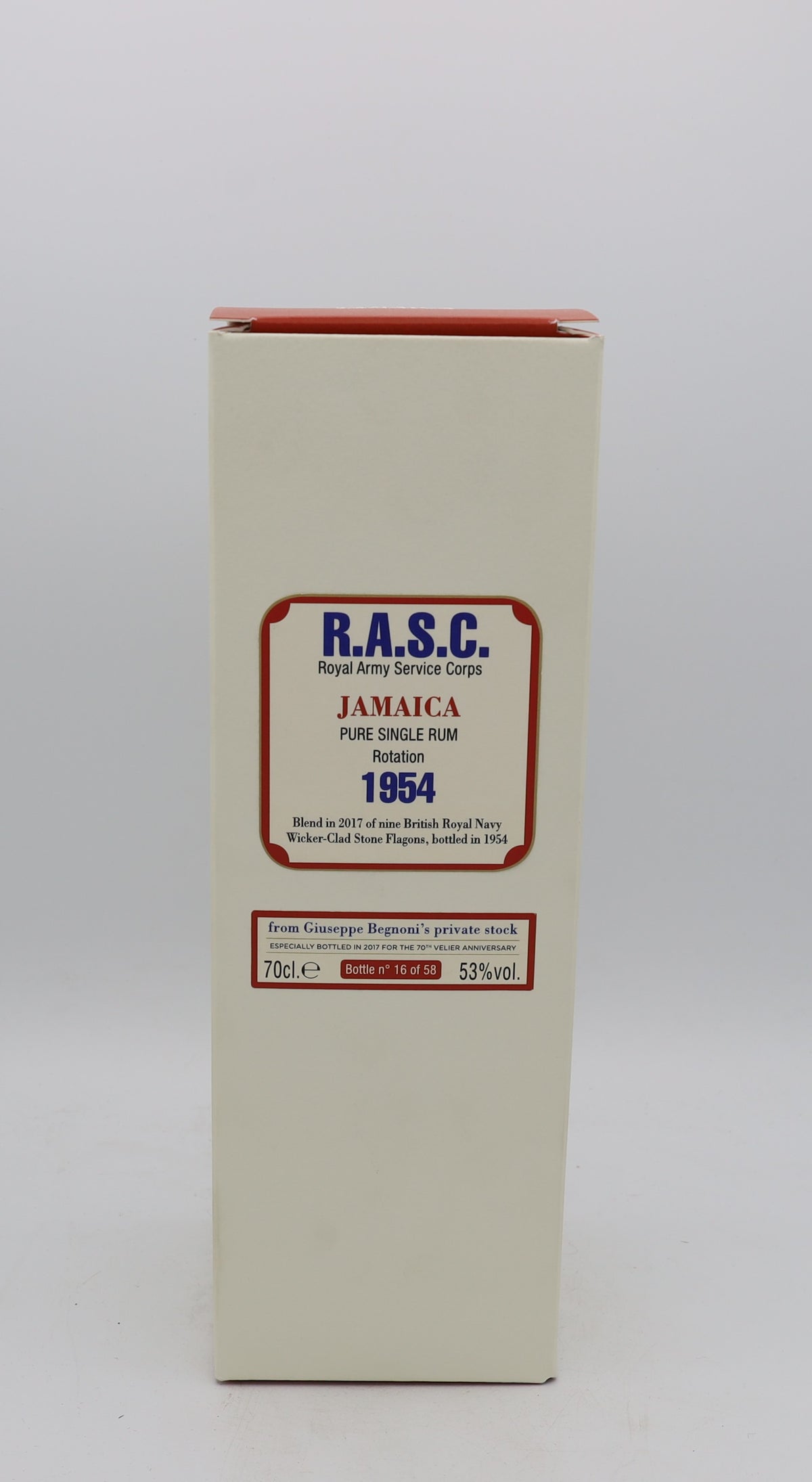 R.A.S.C. 1954 Jamaica Pure Single Rum Giuseppe Begnoni, Reserved Treasures Club edition – exceptionally rare vintage rum with rich, complex flavors, presented for collectors