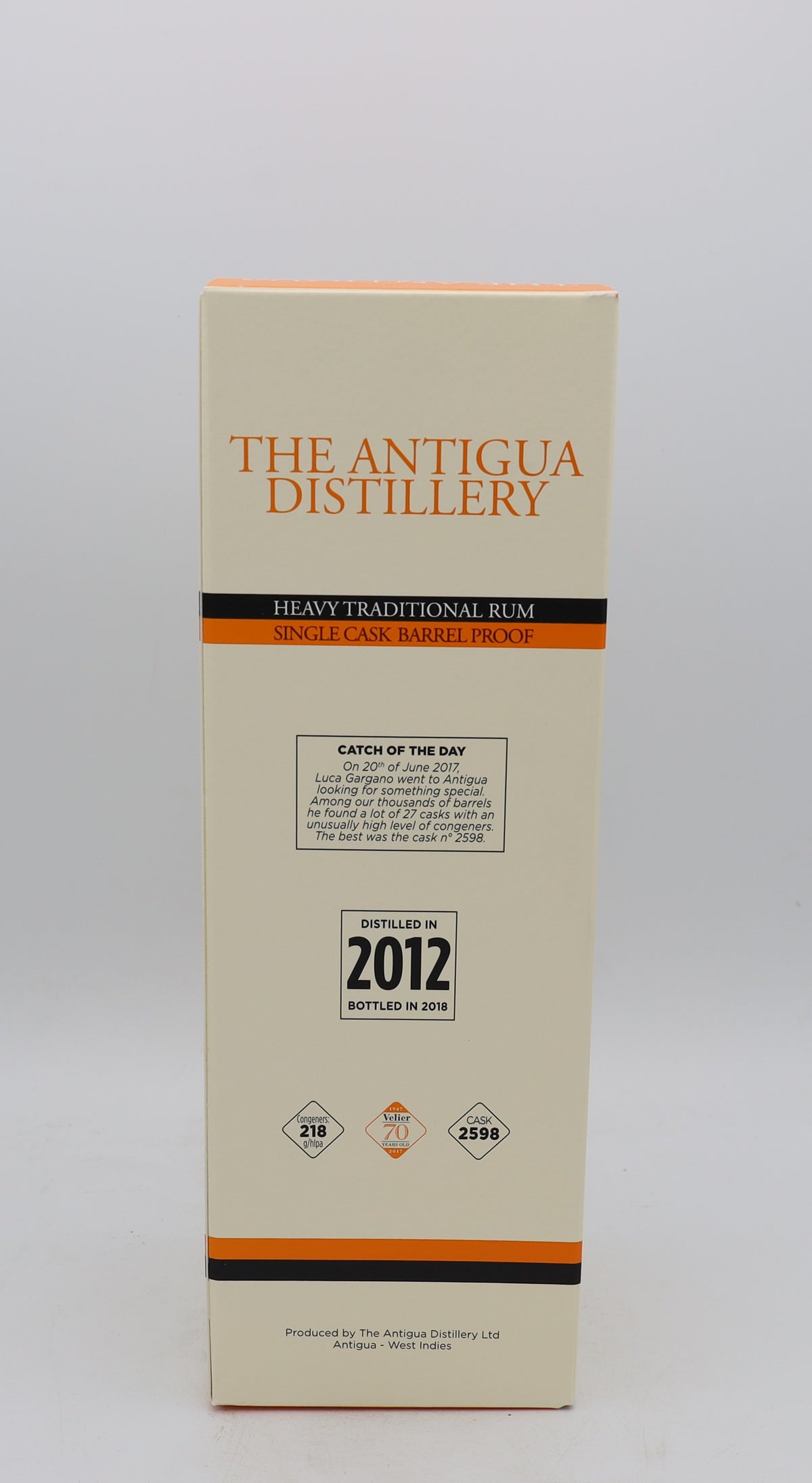 The Antigua Distillery 2012 Rum, 5 years old, Vélier and Reserved Treasures Club edition, presented in a collector’s box – rare aged Caribbean rum with rich, complex flavors.
