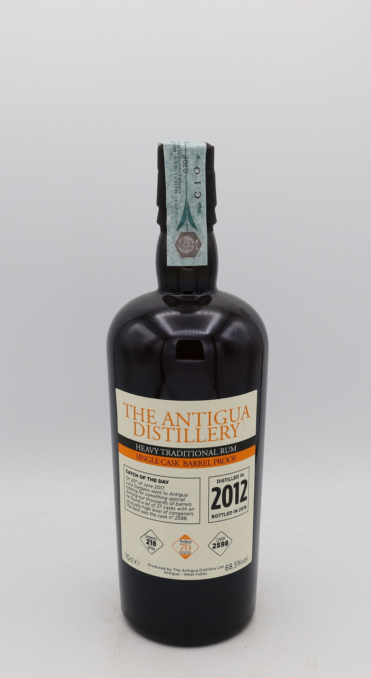 The Antigua Distillery 2012 Rum, 5 years old, Vélier and Reserved Treasures Club edition, presented in a collector’s box – rare aged Caribbean rum with rich, complex flavors.