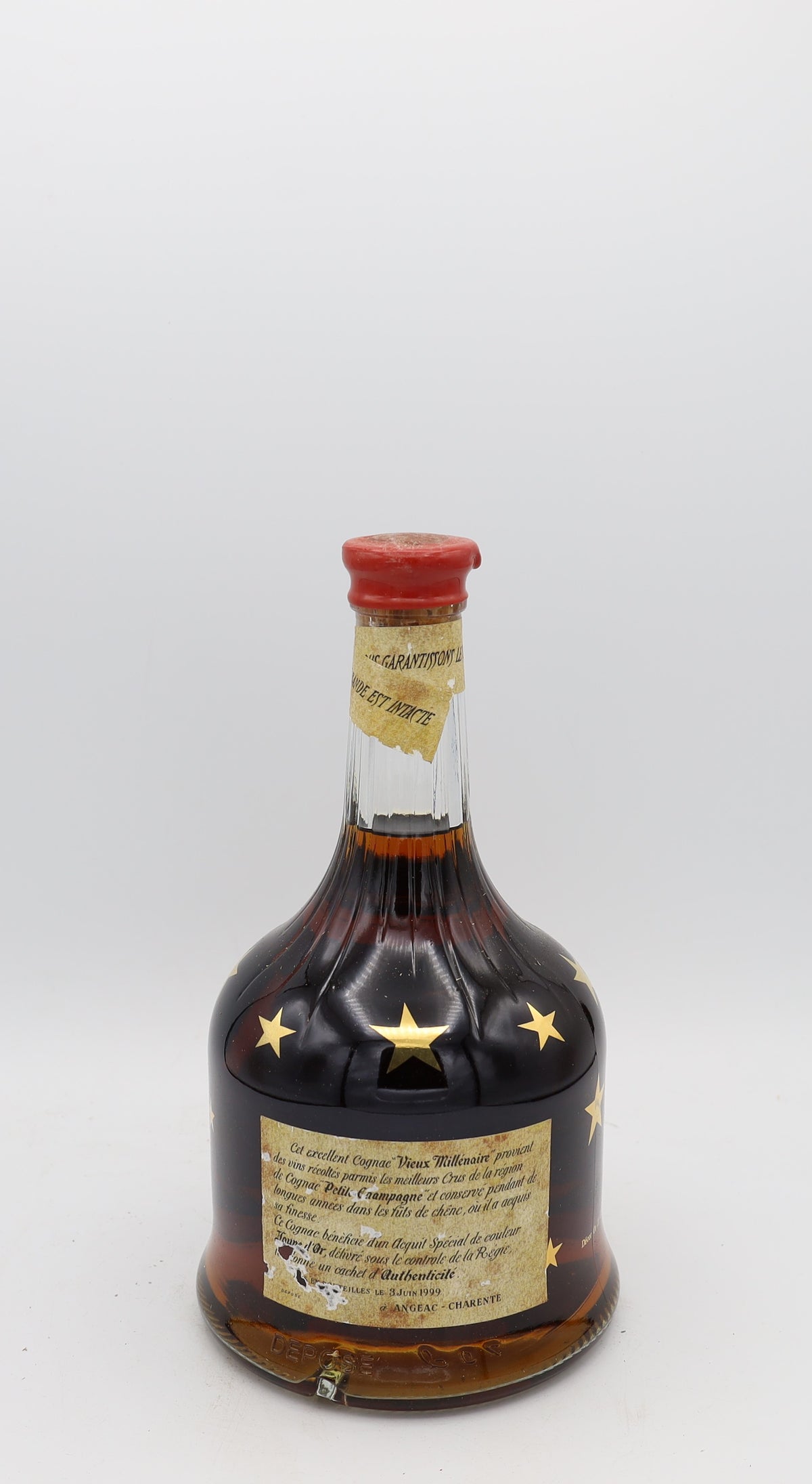 L’Héraud Vieux Millénaire Cognac – rear view of rare premium French cognac bottle, Reserved Treasures Club collectible edition