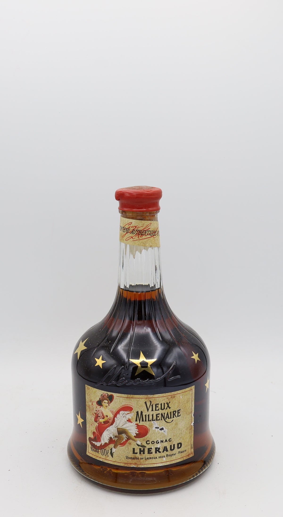 L’Héraud Vieux Millénaire Cognac – rear view of rare premium French cognac bottle, Reserved Treasures Club collectible edition